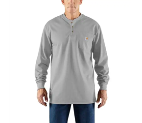 Carhartt FR Force Cotton Long Sleeve Henley - Light Gray flame, resistant, retardant, frc, solid, grey